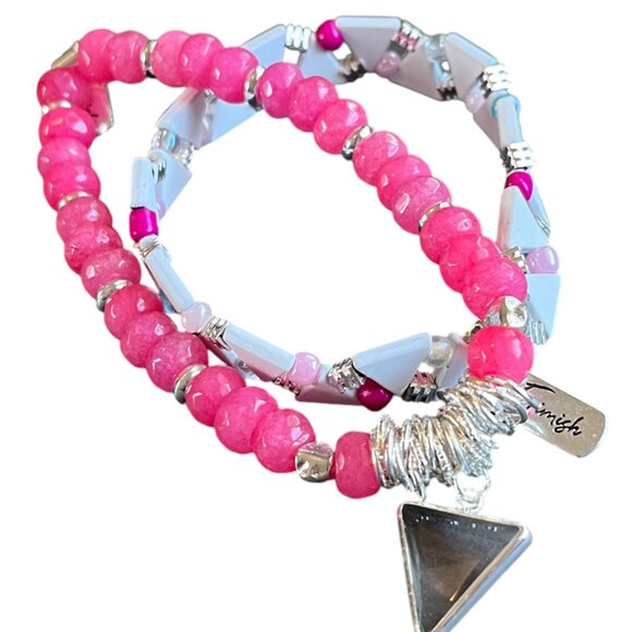 Erimish Chevron & Faceted Beads Magenta Pink Beaded Bracelet Set of Two - Picture 1 of 3